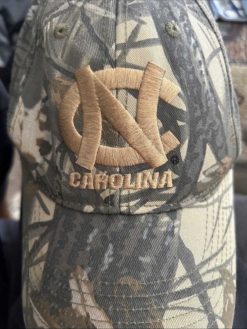 Camo Baseball Cap with Tan Embroidered Logo
